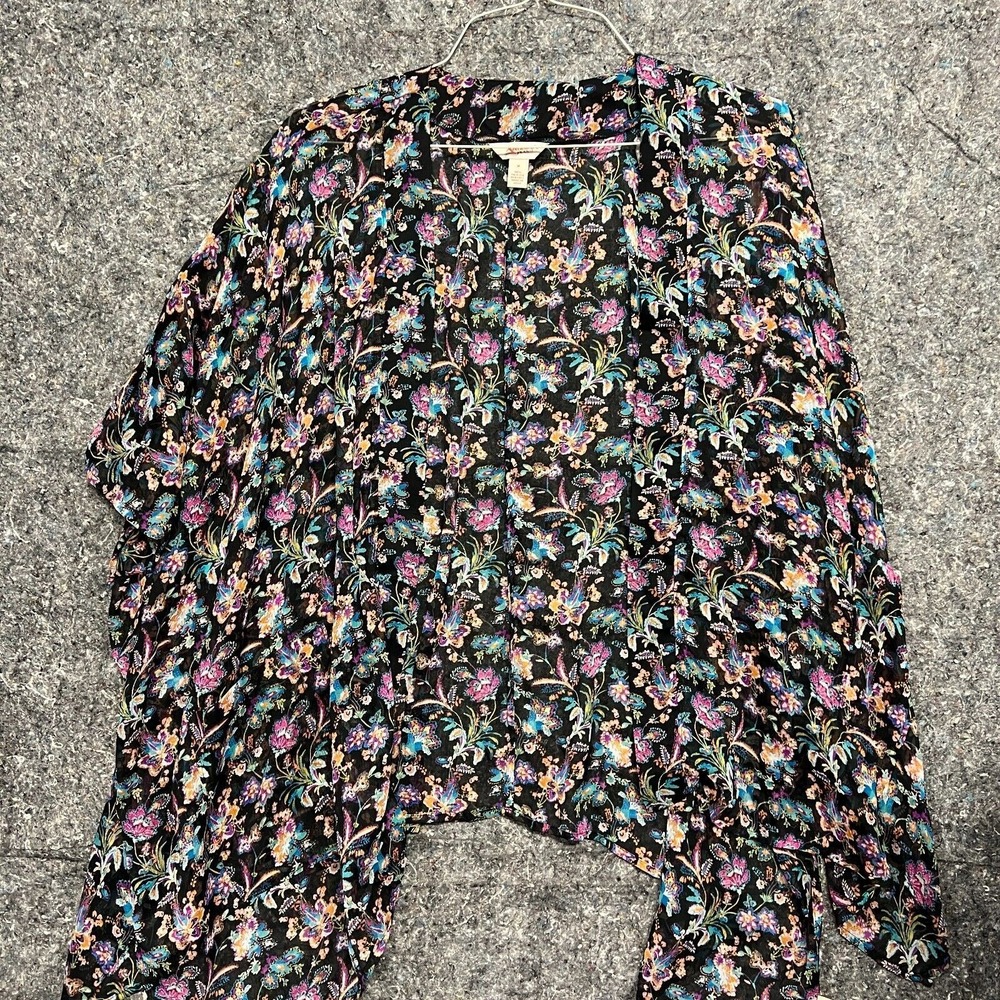 Arizona Jean Co Black Floral Kimono Cardigan‎ Lightweight Bohemian Women's M